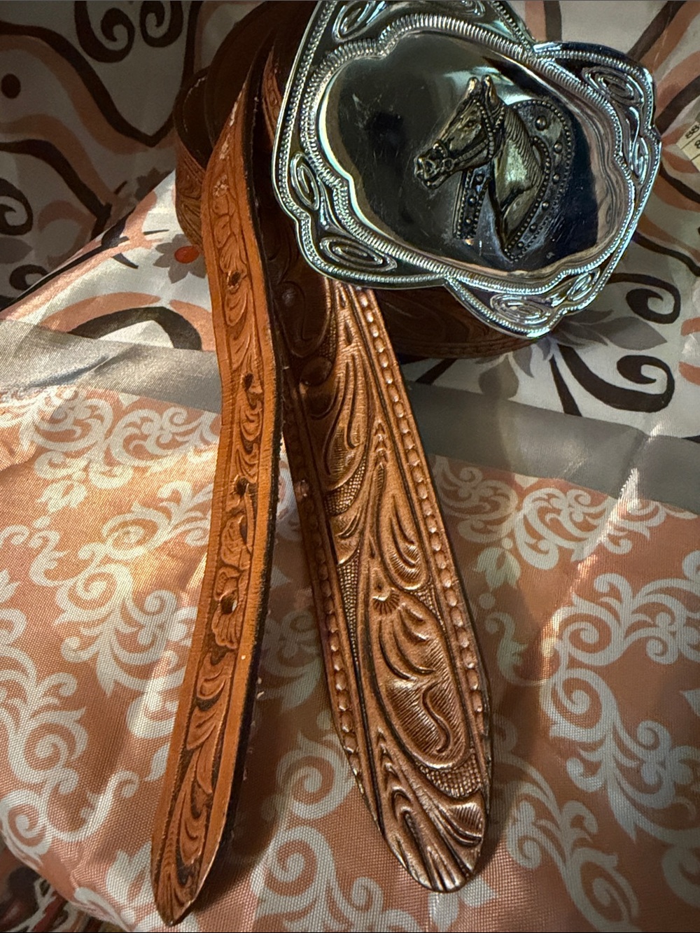 36” Embossed Leather Western Belt with Vintage Horse Buckle - Hong Kong